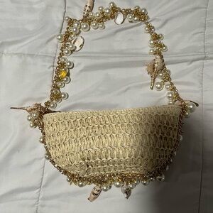Fashion Nova Cream Woven Bag with Pearl and Gold Accents